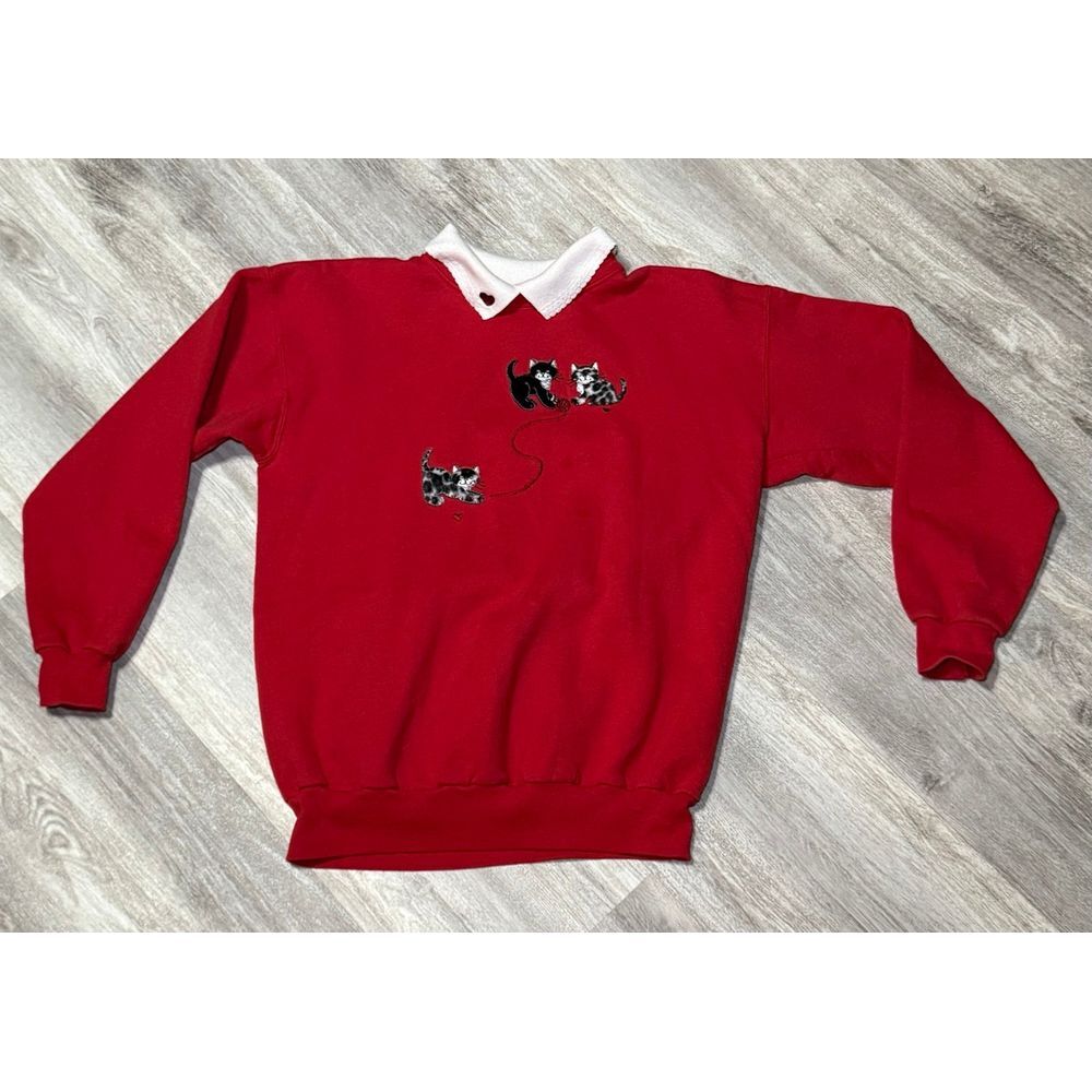Vintage Top stitch kitten red size small pullover collard‎ sweater